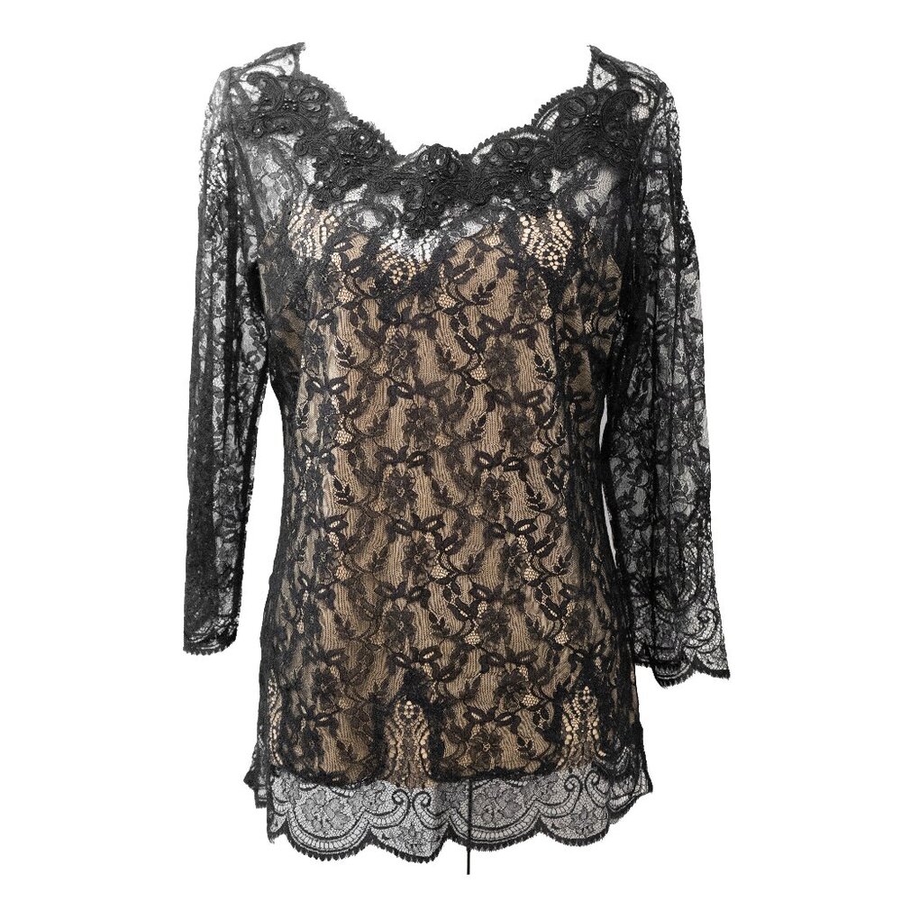 SOMA lace Top Black Signature Lace Overlay Beaded Neck Embellish Evening Blouse